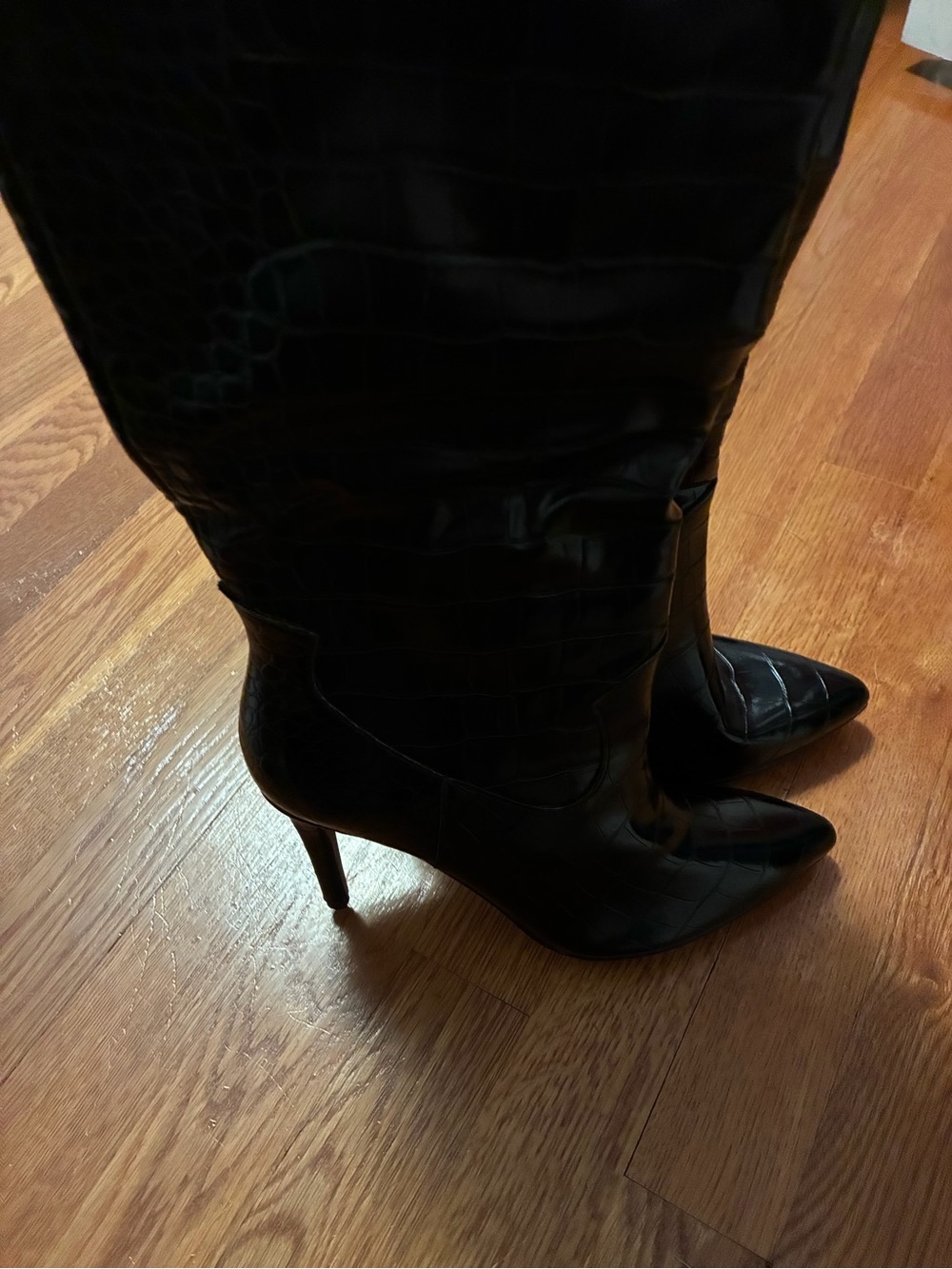 Pointed-Toe Black Croc Knee-High Stiletto Boots